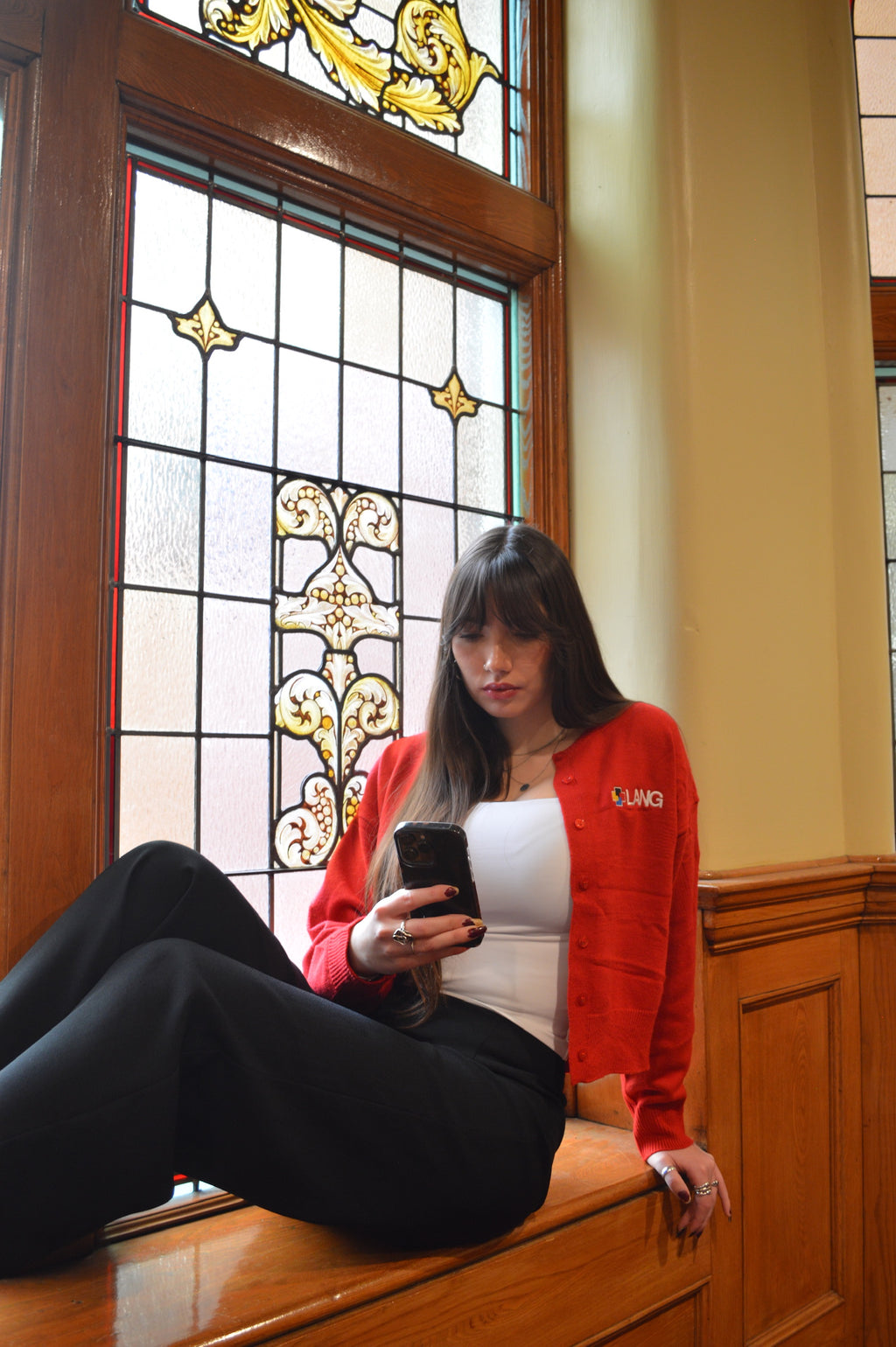 LANG Red Knit Cardigan
