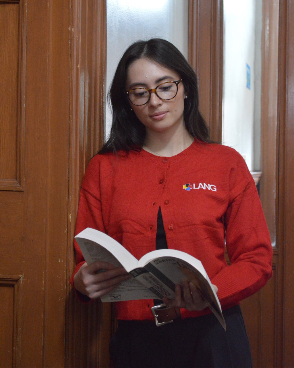 LANG Red Knit Cardigan
